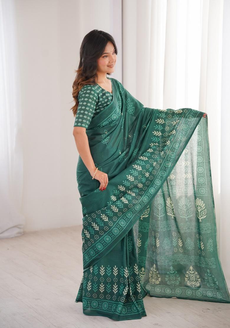 Green Beads Work Cotton Saree Set - Indya