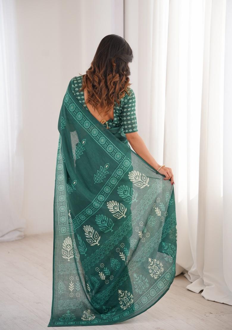 Green Beads Work Cotton Saree Set - Indya