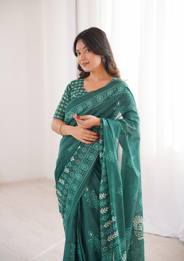 Green Beads Work Cotton Saree Set - Indya