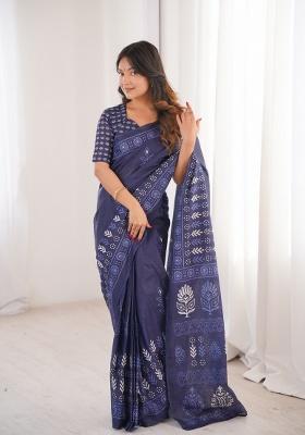 Indigo Beads Work Cotton Saree Set