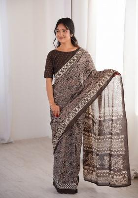 Brown Beads Work Cotton Saree Set