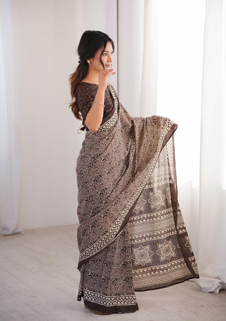 Brown Beads Work Cotton Saree Set - Indya