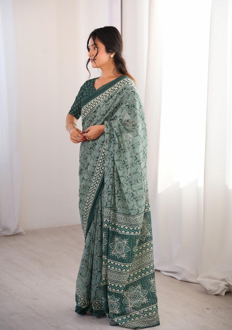 Green Beads Work Cotton Saree Set - Indya