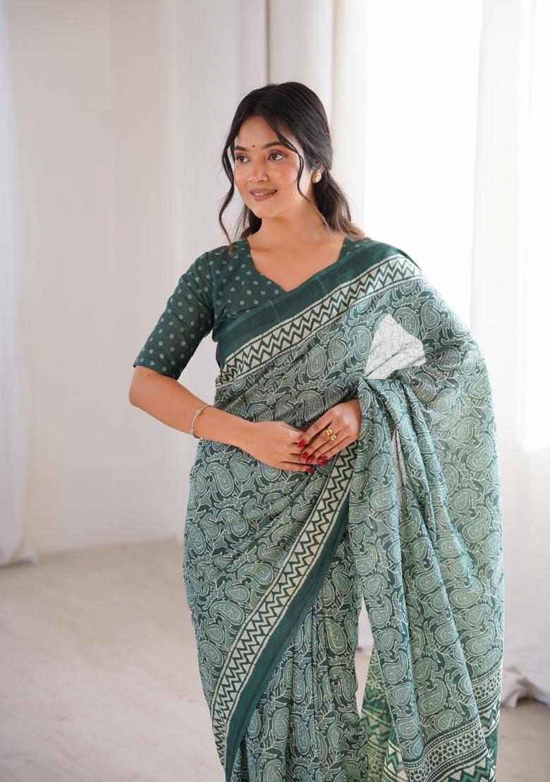 Green Beads Work Cotton Saree Set - Indya