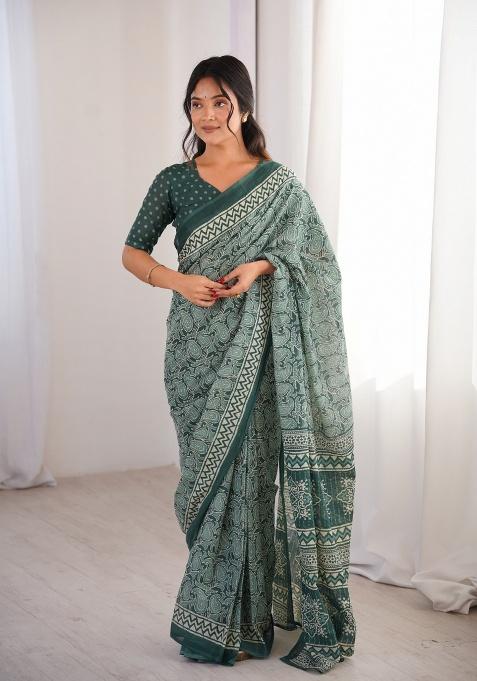 Green Beads Work Cotton Saree Set
