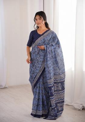 Indigo Beads Work Cotton Saree Set