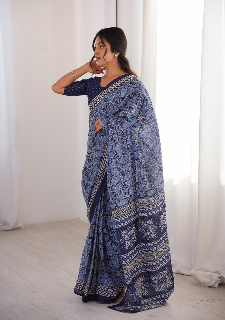 Indigo Beads Work Cotton Saree Set - Indya