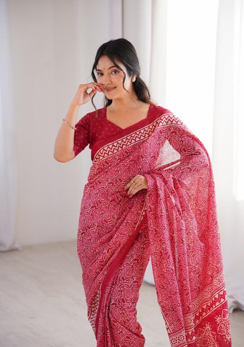 Pink Beads Work Cotton Saree Set - Indya