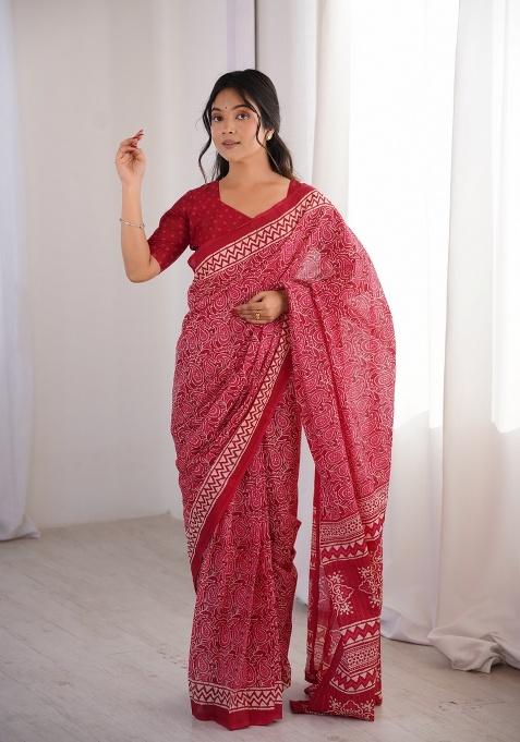 Pink Beads Work Cotton Saree Set