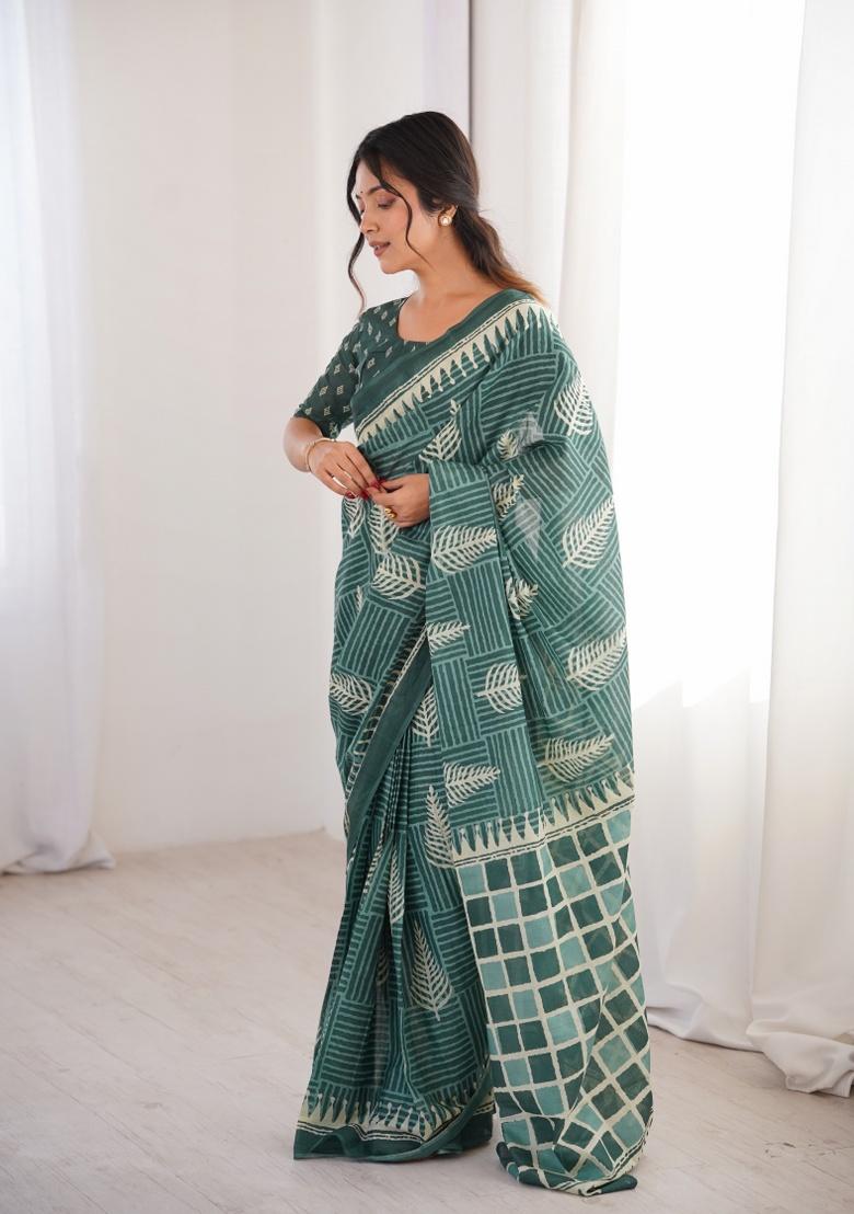 Green Beads Work Cotton Saree Set - Indya