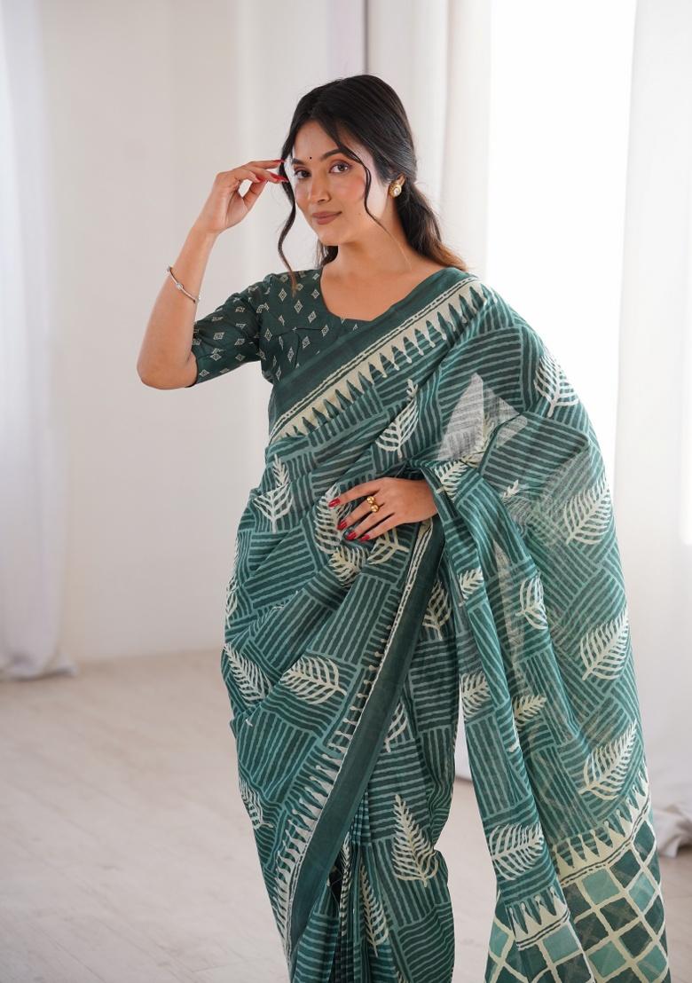 Green Beads Work Cotton Saree Set - Indya