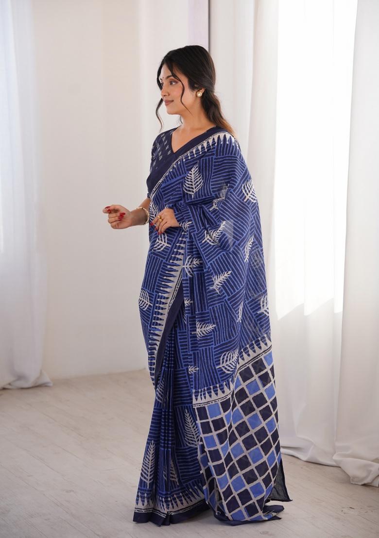 Indigo Beads Work Cotton Saree Set - Indya