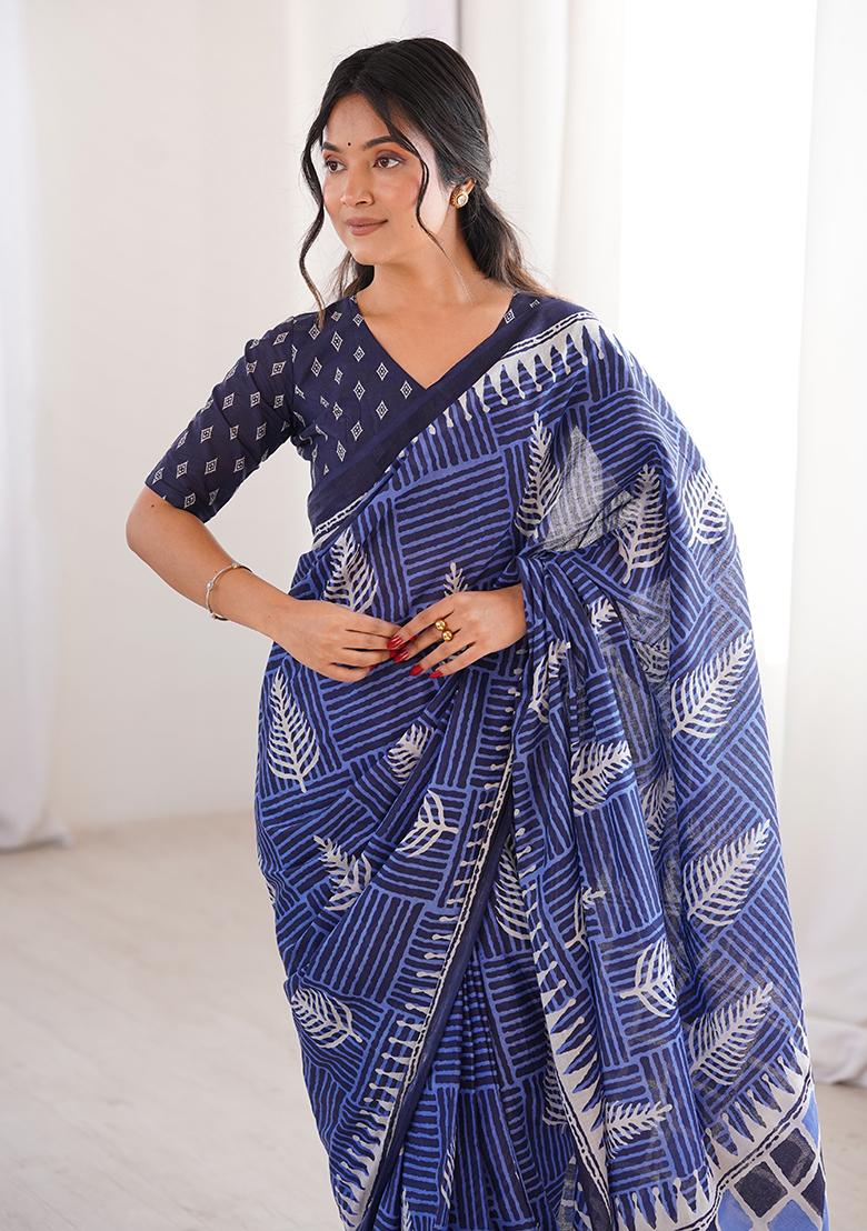 Indigo Beads Work Cotton Saree Set - Indya