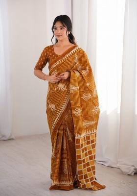 Mustard Beads Work Cotton Saree Set