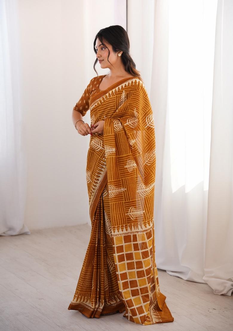 Mustard Beads Work Cotton Saree Set - Indya