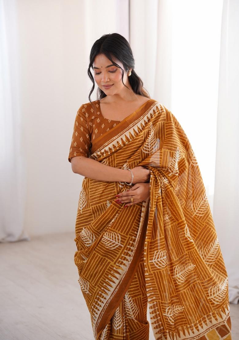 Mustard Beads Work Cotton Saree Set - Indya
