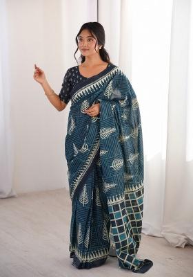Teal Beads Work Cotton Saree Set