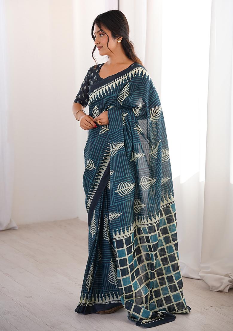 Teal Beads Work Cotton Saree Set - Indya