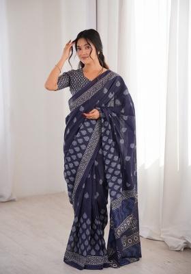 Indigo Beads Work Cotton Saree Set