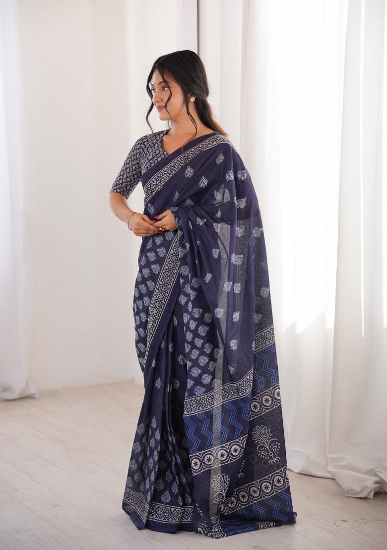 Indigo Beads Work Cotton Saree Set - Indya