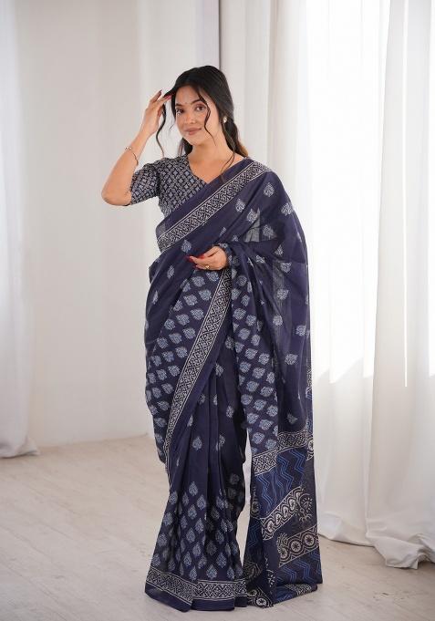 Indigo Beads Work Cotton Saree Set
