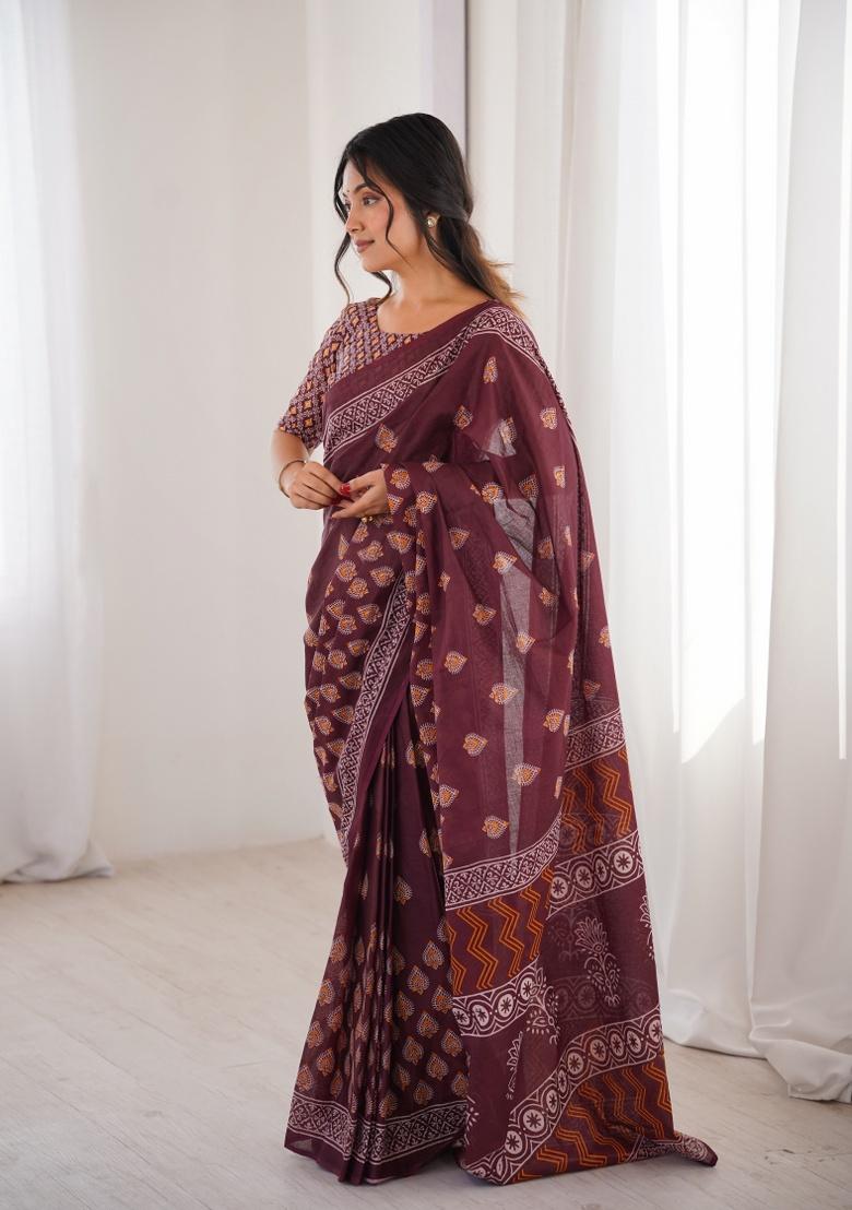 Maroon Beads Work Cotton Saree Set - Indya