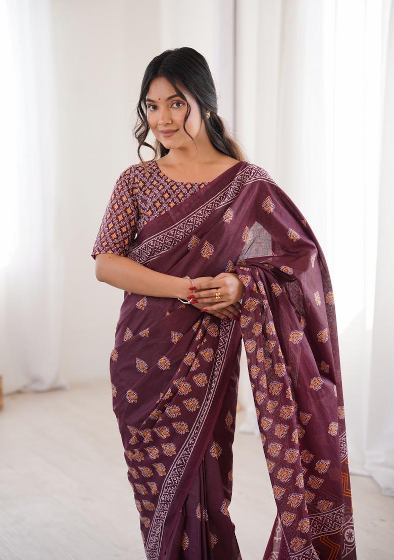 Maroon Beads Work Cotton Saree Set - Indya