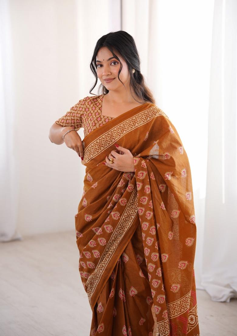 Mustard Beads Work Cotton Saree Set - Indya