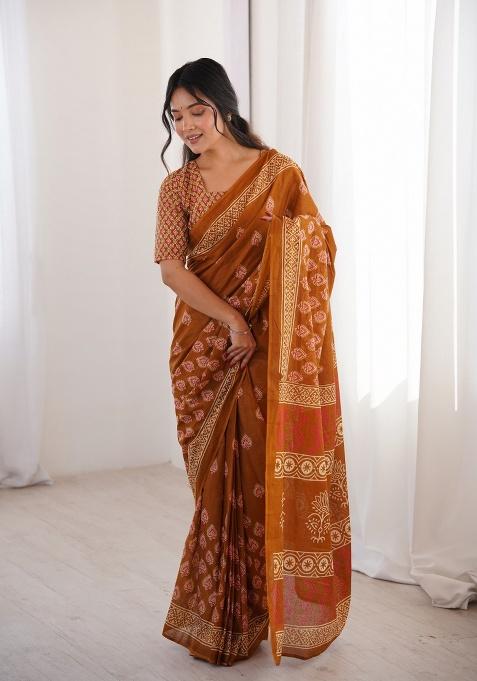 Mustard Beads Work Cotton Saree Set