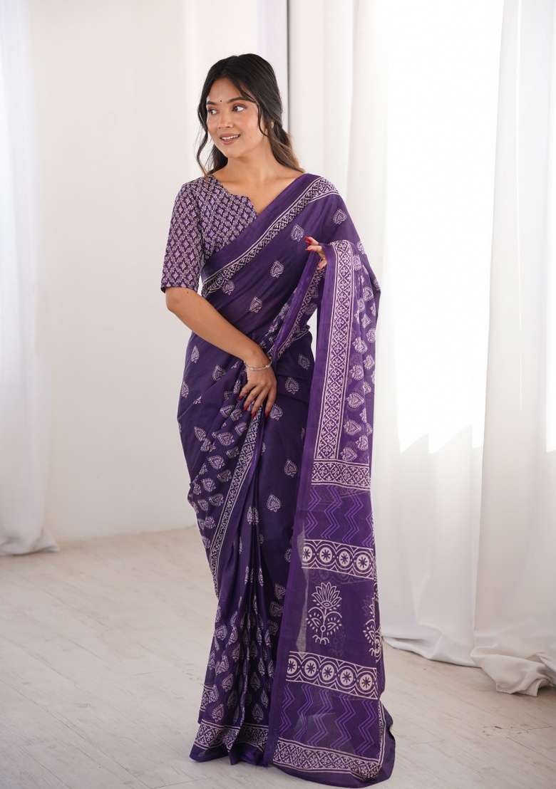 Purple Beads Work Cotton Saree Set for Diwali and Festive Wear - Indya