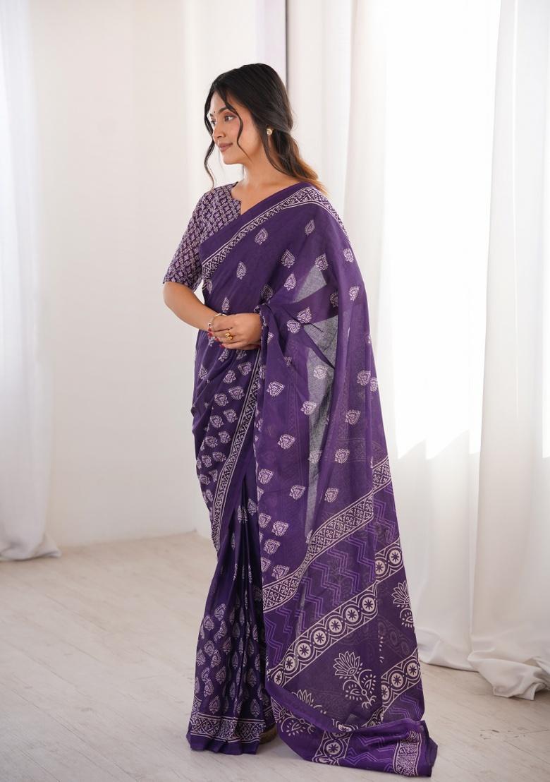 Purple Beads Work Cotton Saree Set - Indya
