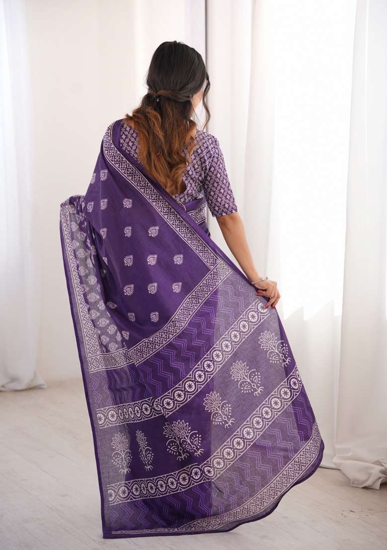 Purple Beads Work Cotton Saree Set for Diwali and Festive Wear - Indya