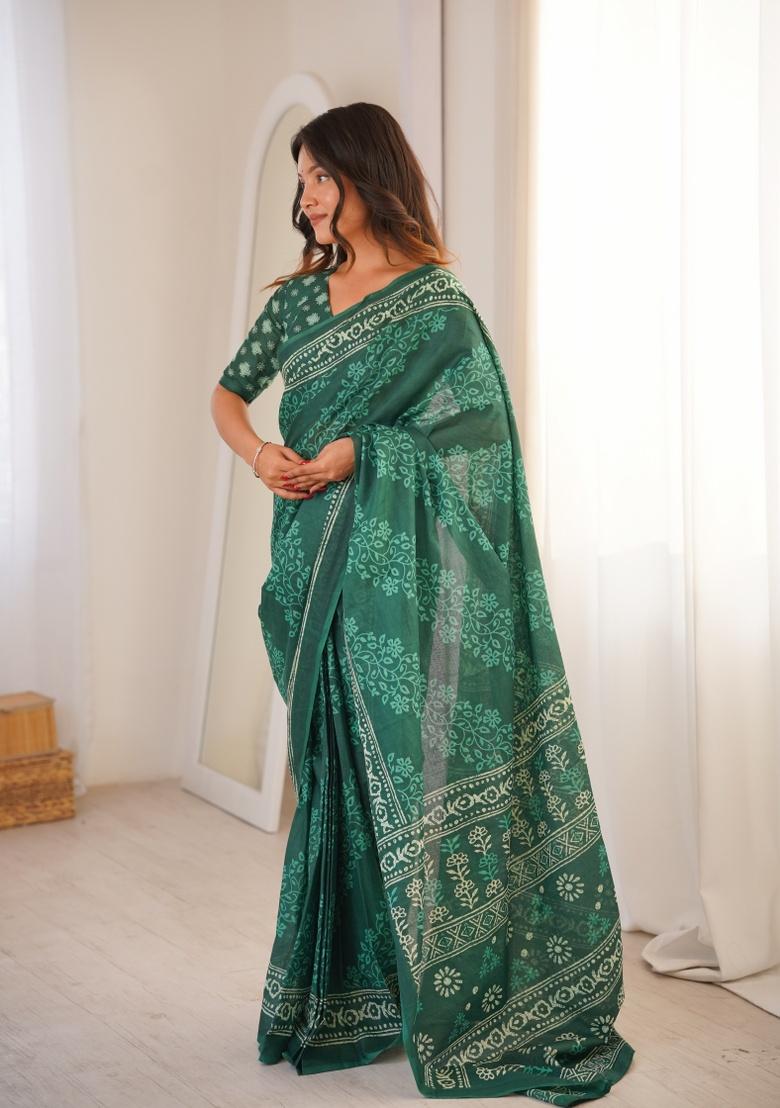 Green Beads Work Cotton Saree Set - Indya