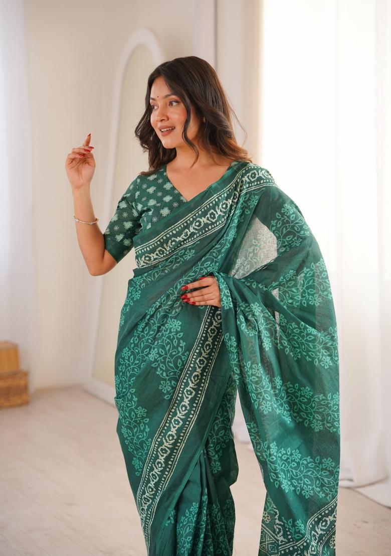 Green Beads Work Cotton Saree Set - Indya
