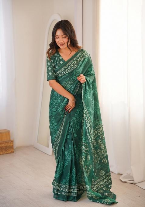 Green Beads Work Cotton Saree Set