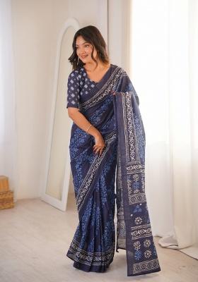 Indigo Beads Work Cotton Saree Set
