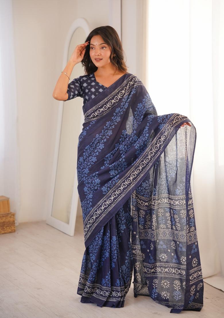 Indigo Beads Work Cotton Saree Set - Indya
