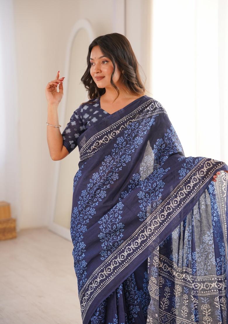 Indigo Beads Work Cotton Saree Set - Indya