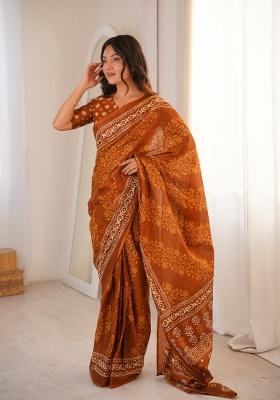 Mustard Beads Work Cotton Saree Set