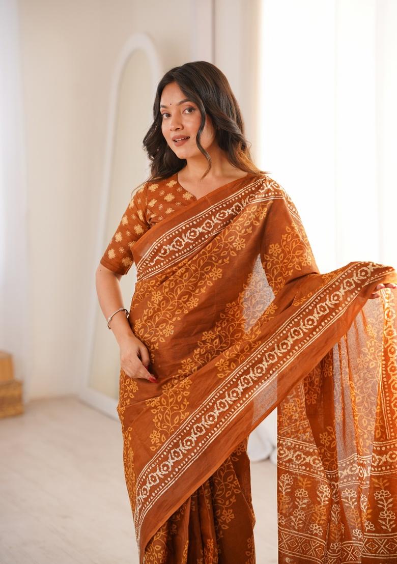 Mustard Beads Work Cotton Saree Set - Indya