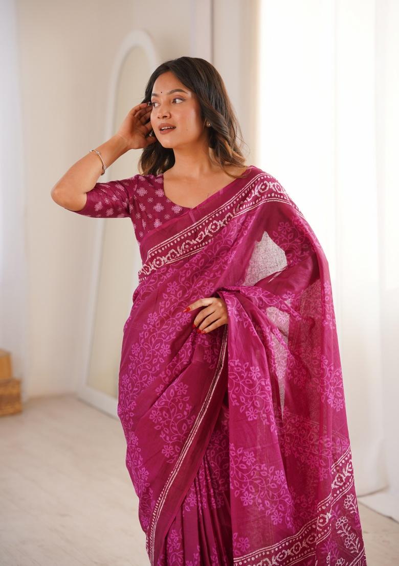 Pink Beads Work Cotton Saree Set - Indya