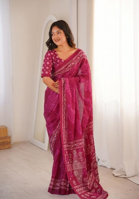 Pink Beads Work Cotton Saree Set