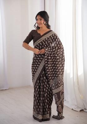 Brown Beads Work Cotton Saree Set