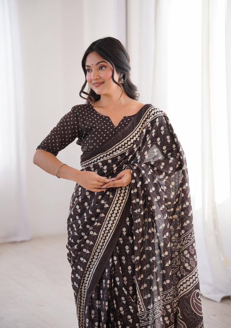 Brown Beads Work Cotton Saree Set - Indya