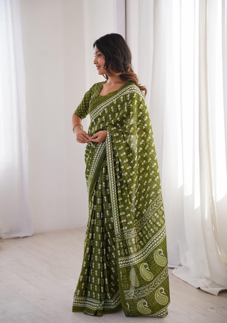Green Beads Work Cotton Saree Set - Indya