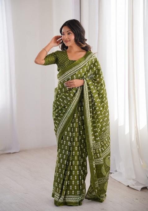 Green Beads Work Cotton Saree Set