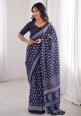 Indigo Beads Work Cotton Saree Set