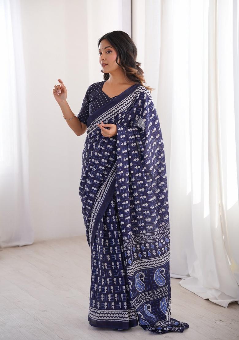 Indigo Beads Work Cotton Saree Set - Indya