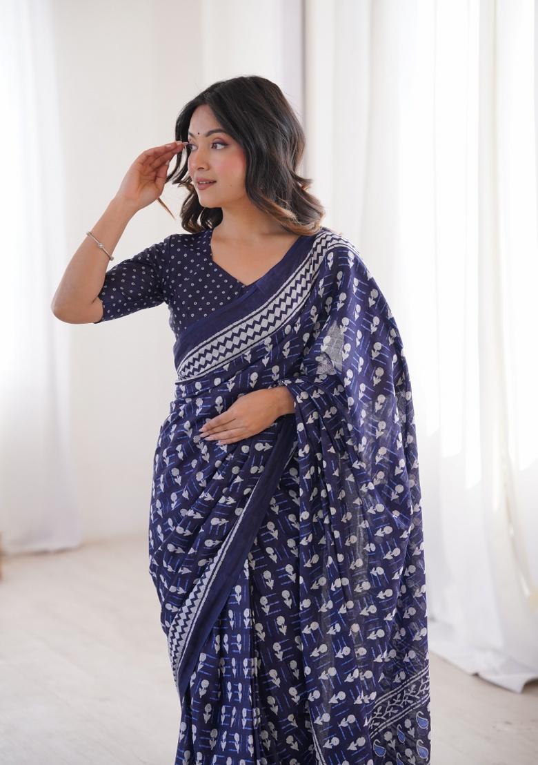 Indigo Beads Work Cotton Saree Set - Indya