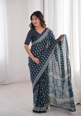 Navy Blue Beads Work Cotton Saree Set